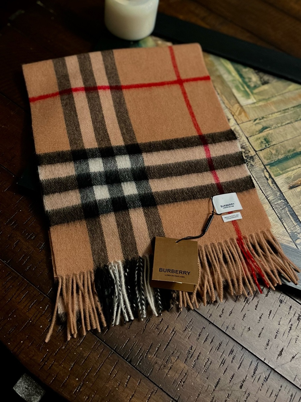 Burberry Tan Plaid Cashmere Scarf.